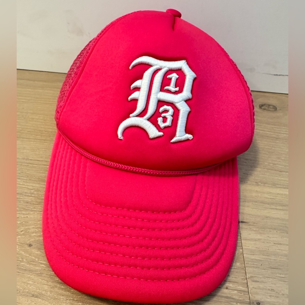 R13 Hot Pink Trucker Hat with White Embroidered 'R13' Logo